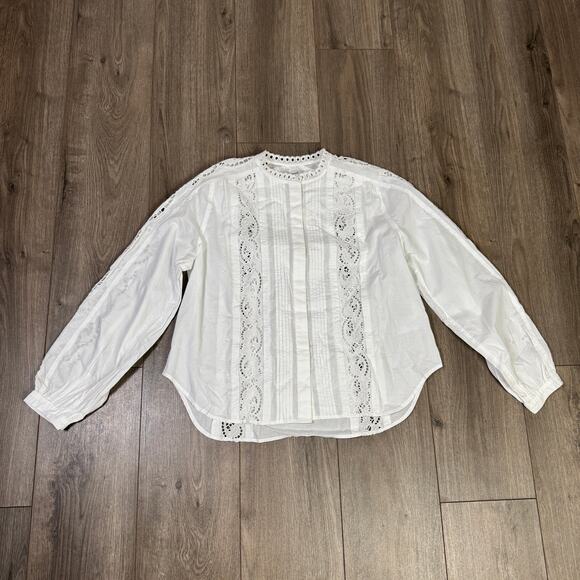 Madewell Lace-Inset Pintucked Button-Up Top M White Long Sleeve Crew Neck Eyelet - Picture 4 of 9